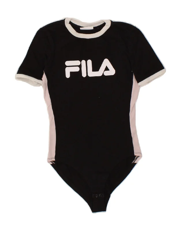FILA Womens Graphic Bodysuit UK 8 Small  Black Colourblock Cotton Stylish Bodysuit with Peplum