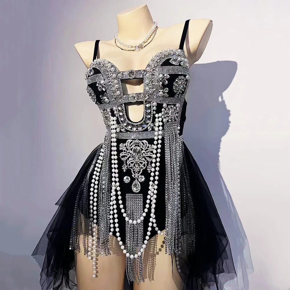 Material Girl Silver Rhinestones Tassel Bodysuit Nightclub Stage Wear Singer Stage Performance Costume Elegant Back Zip Bodysuit