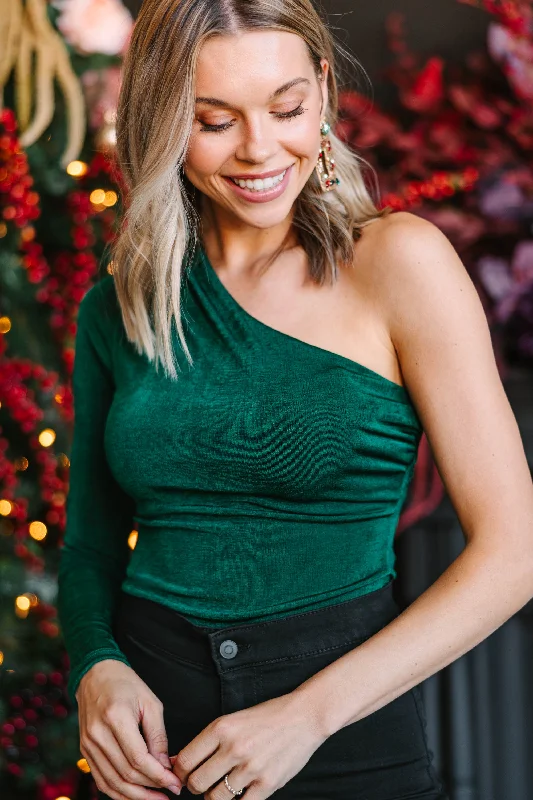 Got You Covered Hunter Green One Shoulder Bodysuit Stylish Bodysuit with Pockets