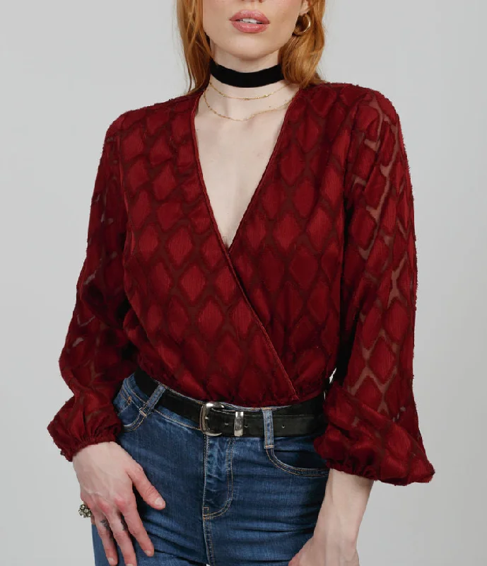 AGATHA MERLOT SURPLICE BODYSUIT Elegant Long Sleeve Bodysuit