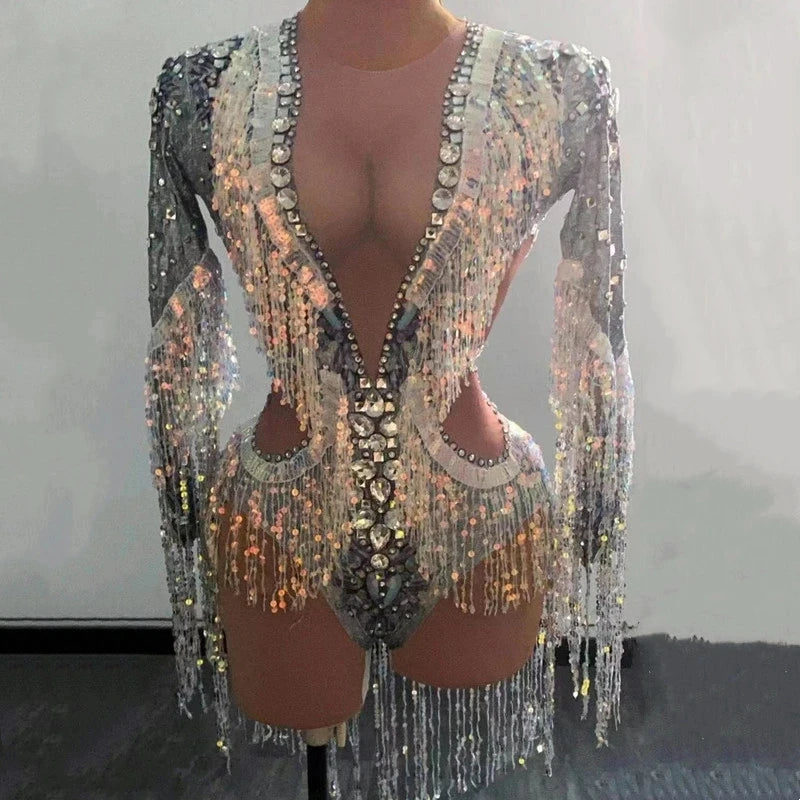 Silver Showgirl Stage Wear Rhinestone Bodysuit Costume Sequins Tassel Dance Jumpsuit Leotard Comfortable Mesh Insert Bodysuit